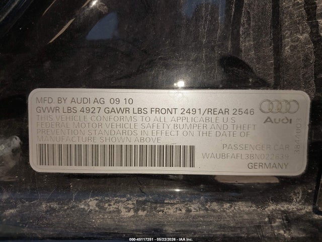 45117251 :رقم المزاد ، WAUBFAFL3BN022639 vin ، 2011 Audi A4 2.0t Premium مزاد بيع