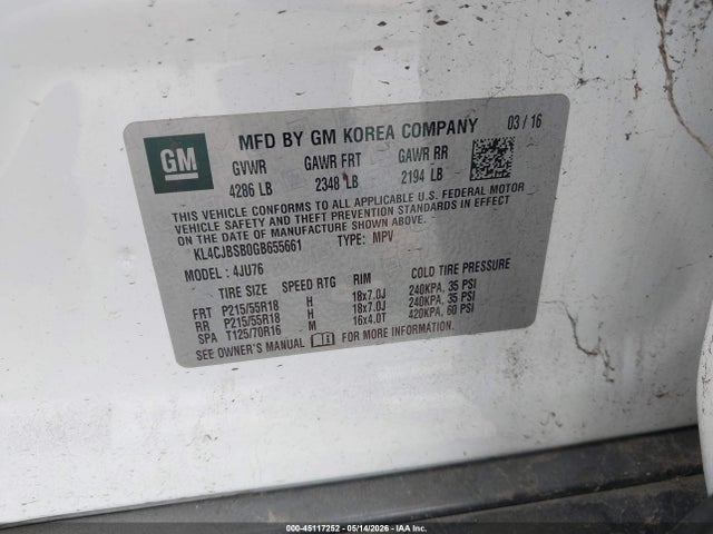 2016 Buick Encore Convenience მანქანა იყიდება აუქციონზე, vin: KL4CJBSB0GB655661, აუქციონის ნომერი: 45117252