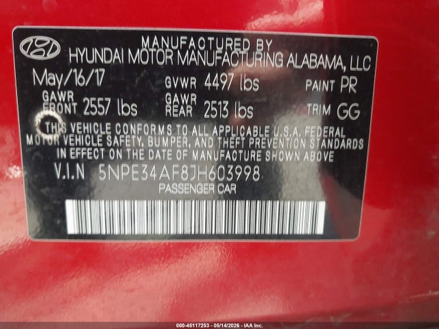 5NPE34AF8JH603998 Hyundai SONATA SEL