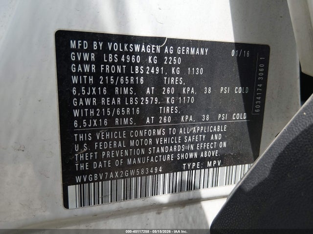 WVGBV7AX2GW583494 Volkswagen TIGUAN S