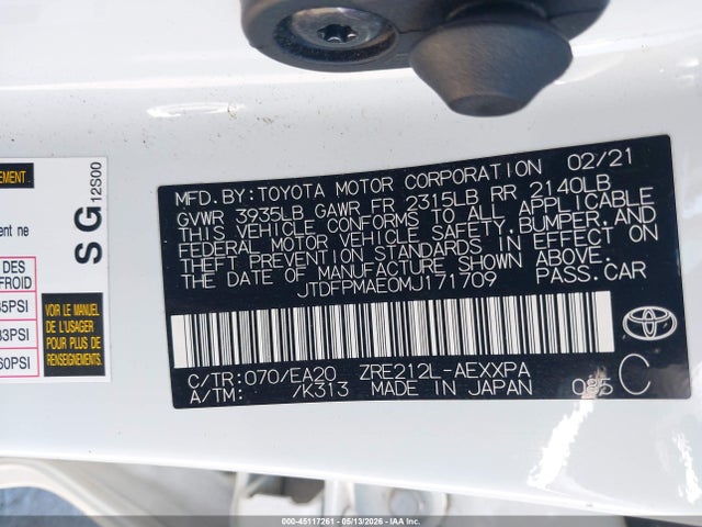 2021 Toyota Corolla Xle მანქანა იყიდება აუქციონზე, vin: JTDFPMAE0MJ171709, აუქციონის ნომერი: 45117261