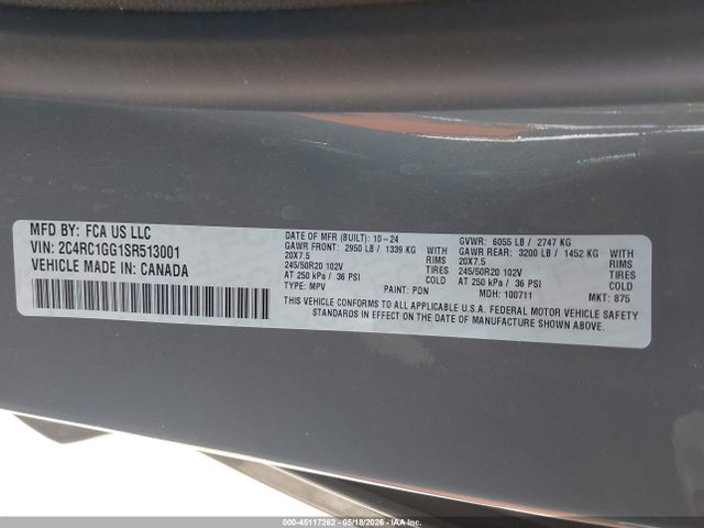 Продажа на аукционе авто 2025 Chrysler Pacifica Limited, vin: 2C4RC1GG1SR513001, номер лота: 45117262
