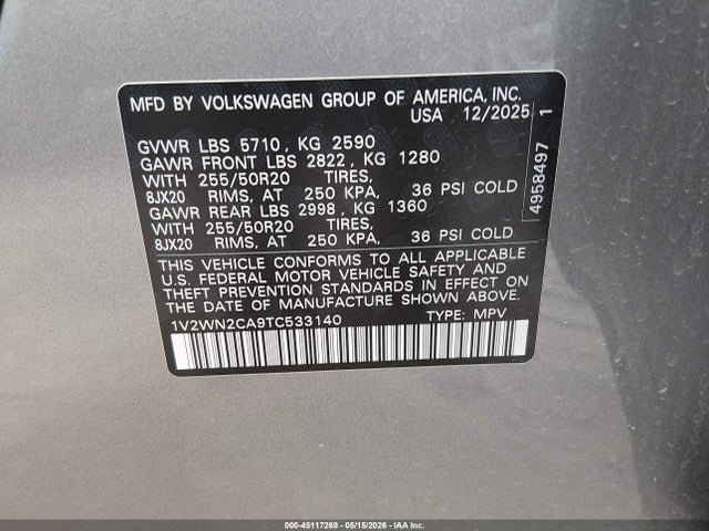 2026 Volkswagen Atlas Se With Technology მანქანა იყიდება აუქციონზე, vin: 1V2WN2CA9TC533140, აუქციონის ნომერი: 45117269