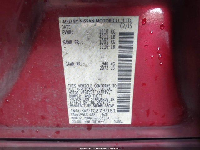 Nissan Altima 2.5 S 2015 1N4AL3AP2FC273981 Image 9
