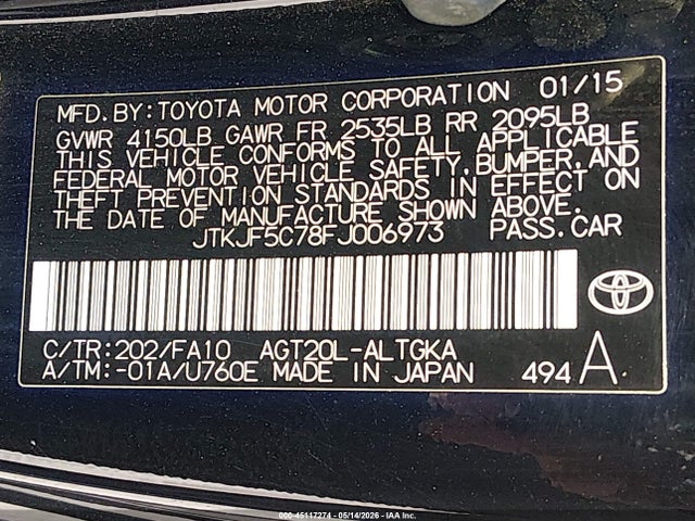 Aukcja sprzedaży 2015 Scion Tc, vin: JTKJF5C78FJ006973, numer aukcji: 45117274