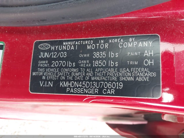 45117275 :رقم المزاد ، KMHDN45D13U706019 vin ، 2003 Hyundai Elantra Gls/gt مزاد بيع