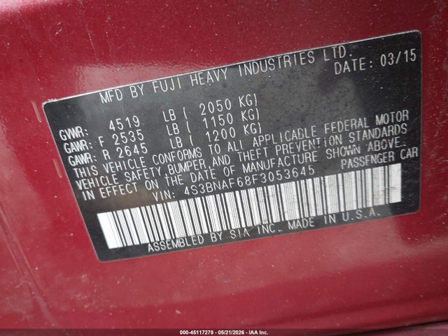 45117278 :رقم المزاد ، 4S3BNAF68F3053645 vin ، 2015 Subaru Legacy 2.5i Premium مزاد بيع