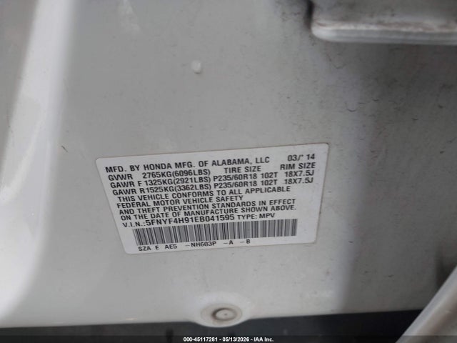 Aukcja sprzedaży 2014 Honda Pilot Touring, vin: 5FNYF4H91EB041595, numer aukcji: 45117281