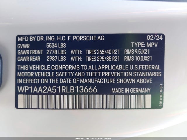 Aukcja sprzedaży 2024 Porsche Macan T, vin: WP1AA2A51RLB13666, numer aukcji: 45117285