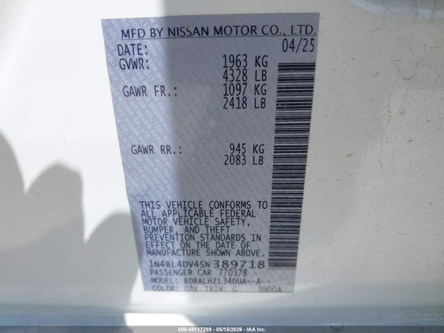 45117289 :رقم المزاد ، 1N4BL4DV4SN389718 vin ، 2025 Nissan Altima Sv Fwd مزاد بيع