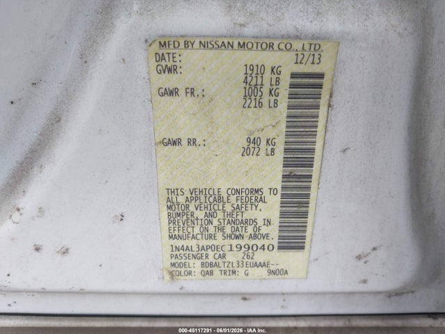 45117291 :رقم المزاد ، 1N4AL3AP0EC199040 vin ، 2014 Nissan Altima 2.5 Sv مزاد بيع