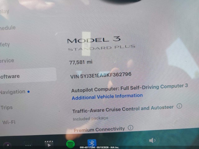2019 Tesla Model 3 მანქანა იყიდება აუქციონზე, vin: 5YJ3E1EA8KF362796, აუქციონის ნომერი: 45117294