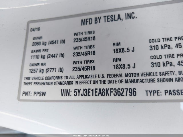 2019 Tesla Model 3 მანქანა იყიდება აუქციონზე, vin: 5YJ3E1EA8KF362796, აუქციონის ნომერი: 45117294