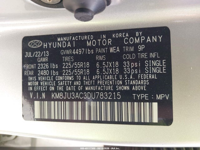 45117300 :رقم المزاد ، KM8JU3AC3DU783215 vin ، 2013 Hyundai Tucson Limited مزاد بيع