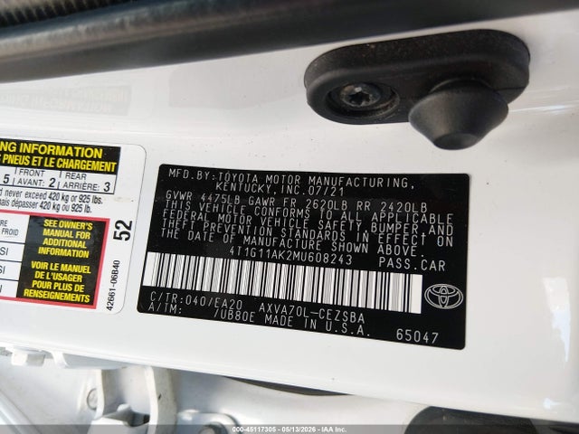 Aukcja sprzedaży 2021 Toyota Camry Se, vin: 4T1G11AK2MU608243, numer aukcji: 45117305