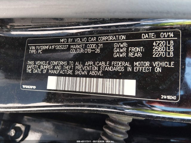 45117311 :رقم المزاد ، YV126MFA1F1305227 vin ، 2015 Volvo S60 T5 مزاد بيع