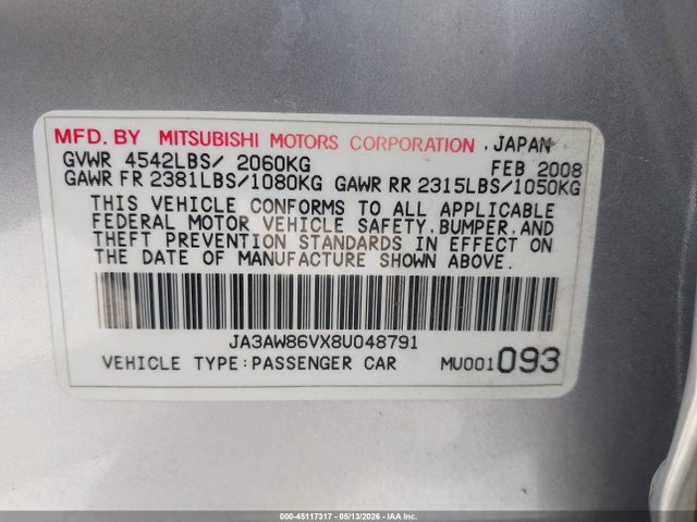 45117317 :رقم المزاد ، JA3AW86VX8U048791 vin ، 2008 Mitsubishi Lancer Evolution Gsr مزاد بيع