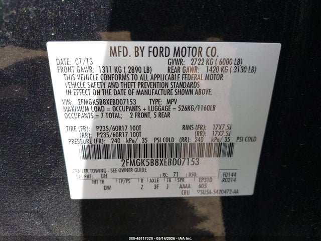 2FMGK5B8XEBD07153 Ford FLEX SE