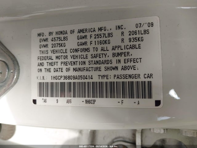Продажа на аукционе авто 2009 Honda Accord 3.5 Ex-l, vin: 1HGCP36809A050414, номер лота: 45117324