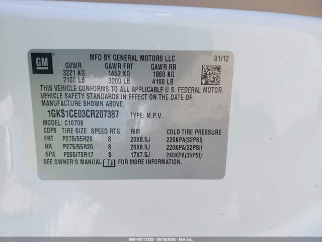 45117325 :رقم المزاد ، 1GKS1CE03CR207387 vin ، 2012 Gmc Yukon Slt مزاد بيع