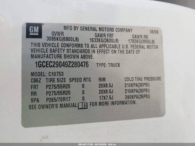 Aukcja sprzedaży 2009 Chevrolet Silverado 1500 Lt, vin: 1GCEC29049Z280476, numer aukcji: 45117326