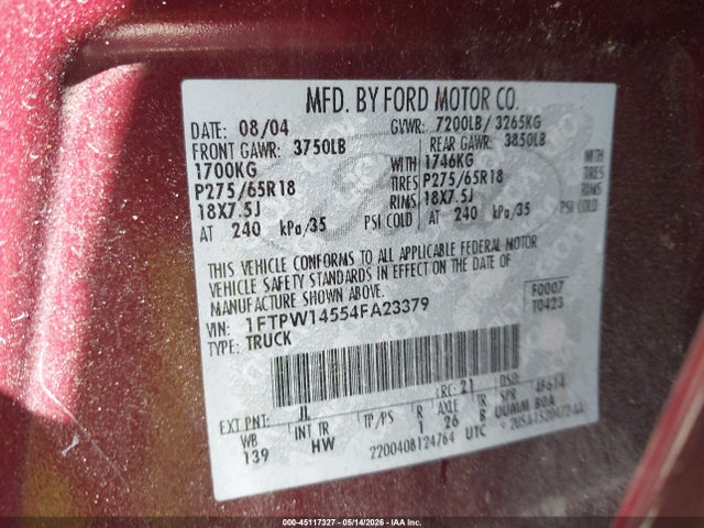 Aukcja sprzedaży 2004 Ford F-150 Fx4/lariat/xlt, vin: 1FTPW14554FA23379, numer aukcji: 45117327