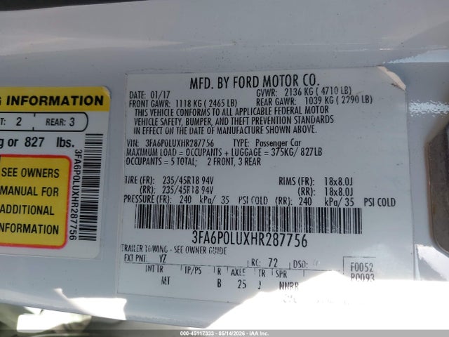 3FA6P0LUXHR287756 Ford Fusion Hybrid Se