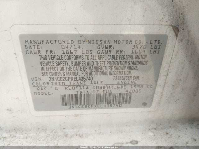2014 Nissan Versa Note Sv მანქანა იყიდება აუქციონზე, vin: 3N1CE2CPXEL435740, აუქციონის ნომერი: 45117334
