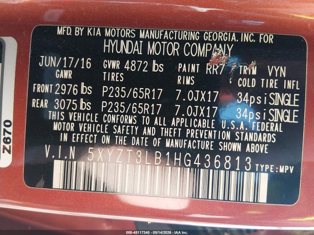 Продажа на аукционе авто 2017 Hyundai Santa Fe Sport 2.4l, vin: 5XYZT3LB1HG436813, номер лота: 45117340