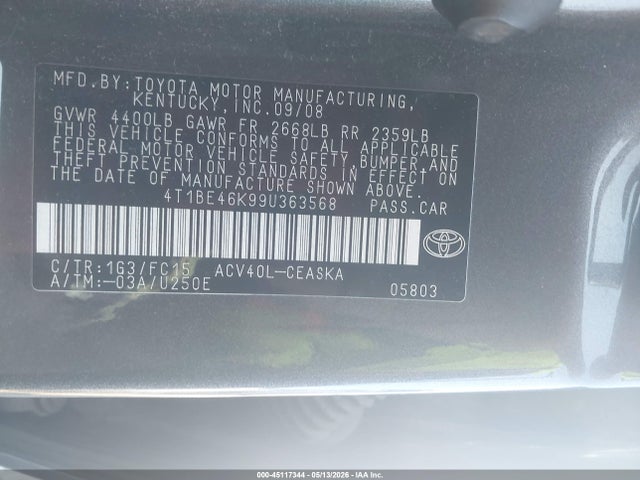 Aukcja sprzedaży 2009 Toyota Camry Se, vin: 4T1BE46K99U363568, numer aukcji: 45117344