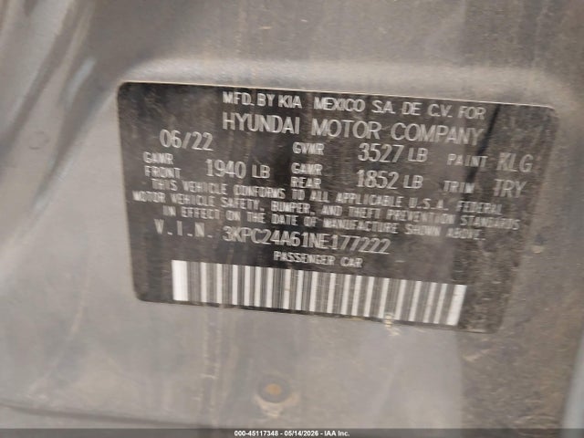 2022 Hyundai Accent Se მანქანა იყიდება აუქციონზე, vin: 3KPC24A61NE177222, აუქციონის ნომერი: 45117348