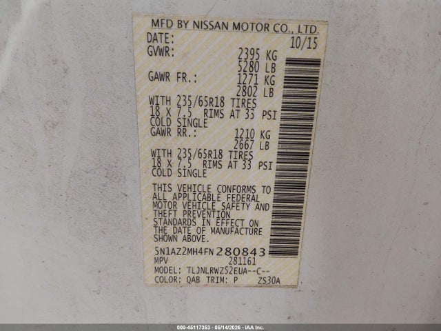 Продажа на аукционе авто 2015 Nissan Murano Sl, vin: 5N1AZ2MH4FN280843, номер лота: 45117353
