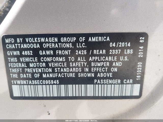 2014 Volkswagen Passat 2.0l Tdi Se მანქანა იყიდება აუქციონზე, vin: 1VWBN7A35EC095945, აუქციონის ნომერი: 45117355