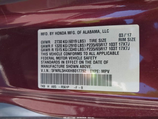 Auction sale of the 2017 Honda Odyssey Ex, vin: 5FNRL5H4XHB017792, lot number: 45117360