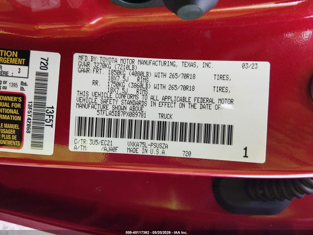 45117362 :رقم المزاد ، 5TFLA5DB7PX089781 vin ، 2023 Toyota Tundra Sr5 مزاد بيع