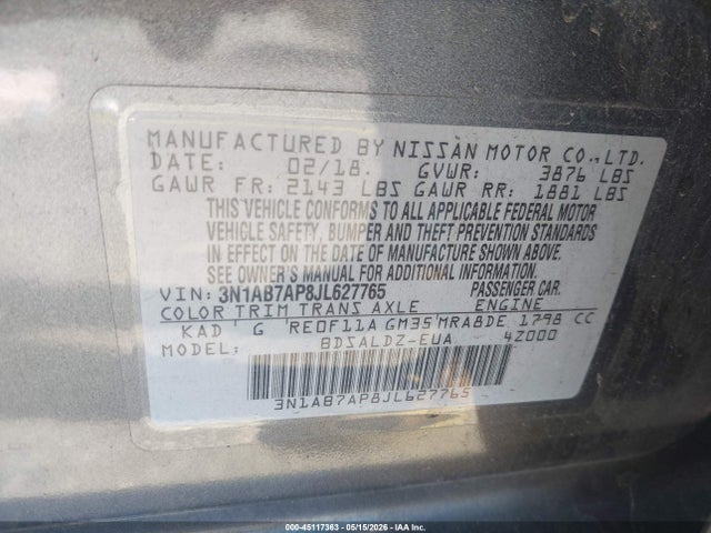 Aukcja sprzedaży 2018 Nissan Sentra Sv, vin: 3N1AB7AP8JL627765, numer aukcji: 45117363