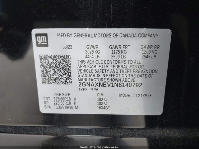 2GNAXNEV1N6140792 Chevrolet Equinox Fwd Premier