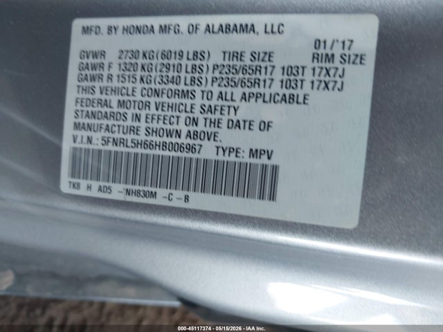 Aukcja sprzedaży 2017 Honda Odyssey Ex-l, vin: 5FNRL5H66HB006967, numer aukcji: 45117374