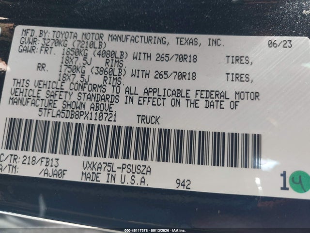 2023 Toyota Tundra Sr5 მანქანა იყიდება აუქციონზე, vin: 5TFLA5DB8PX110721, აუქციონის ნომერი: 45117376