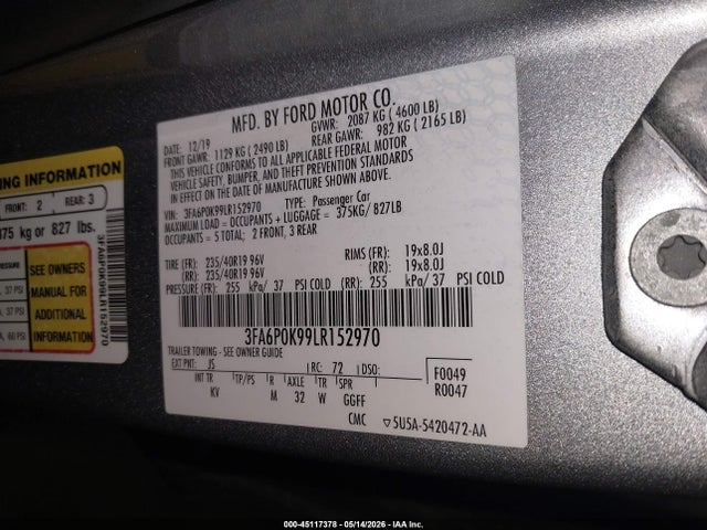 Продажа на аукционе авто 2020 Ford Fusion Titanium, vin: 3FA6P0K99LR152970, номер лота: 45117378