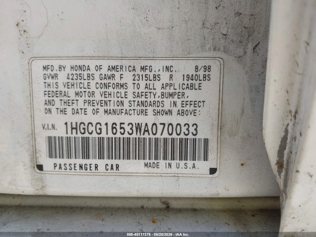 Aukcja sprzedaży 1998 Honda Accord Ex V6, vin: 1HGCG1653WA070033, numer aukcji: 45117379