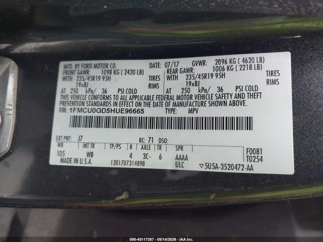 1FMCU0GD5HUE96665 Ford ESCAPE SE