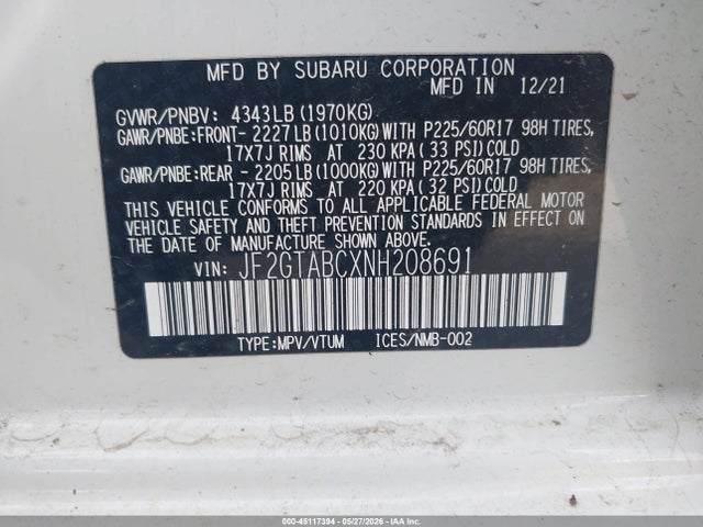 2022 Subaru Crosstrek მანქანა იყიდება აუქციონზე, vin: JF2GTABCXNH208691, აუქციონის ნომერი: 45117394