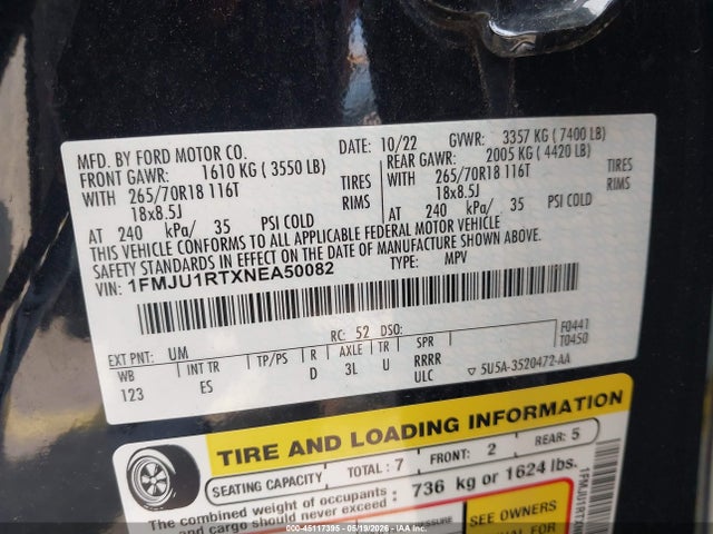 2022 Ford Expedition Timberline მანქანა იყიდება აუქციონზე, vin: 1FMJU1RTXNEA50082, აუქციონის ნომერი: 45117395