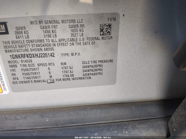 Продаж на аукціоні авто 2017 Chevrolet Traverse Ls, vin: 1GNKRFKDXHJ226142, номер лоту: 45117407