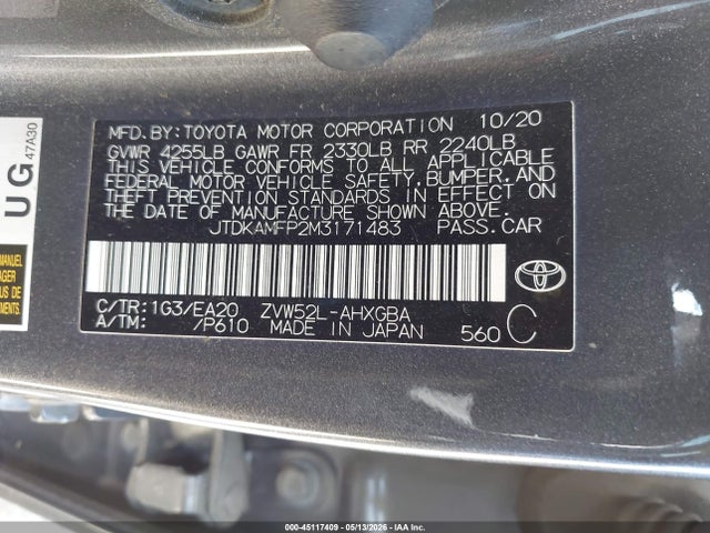 2021 Toyota Prius Prime Xle მანქანა იყიდება აუქციონზე, vin: JTDKAMFP2M3171483, აუქციონის ნომერი: 45117409