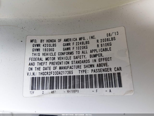 45117419 :رقم المزاد ، 1HGCR2F33DA217365 vin ، 2013 Honda Accord Lx مزاد بيع