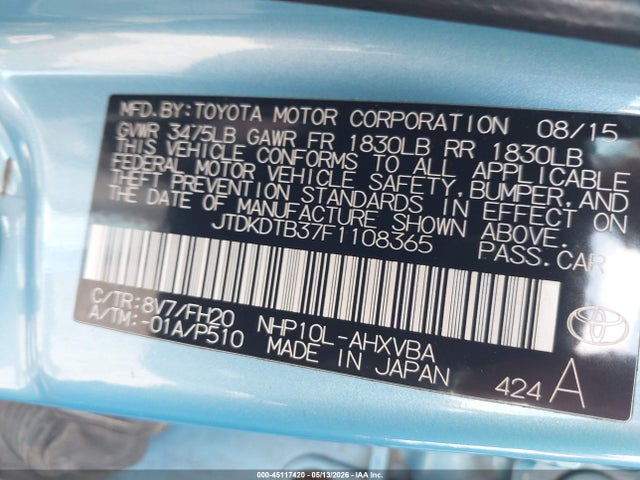 JTDKDTB37F1108365 Toyota Prius C One