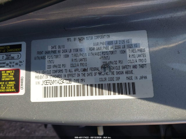 45117422 :رقم المزاد ، JM3ER2WM1A0347038 vin ، 2010 Mazda Cx-7 I Sport مزاد بيع