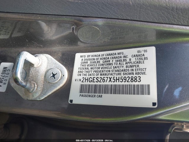 Aukcja sprzedaży 2005 Honda Civic Ex, vin: 2HGES267X5H592883, numer aukcji: 45117426